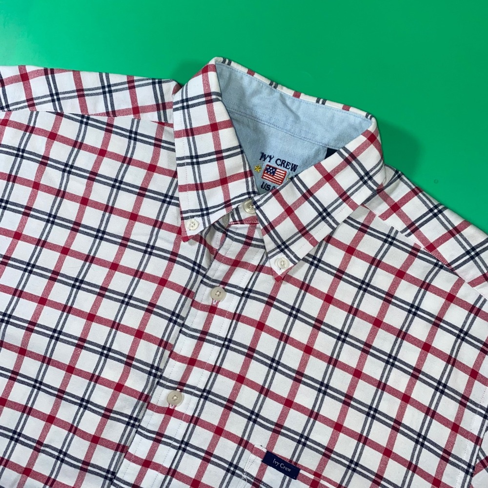 Ivy Crew Mens Button Down Shirt Short Sleeve Plaid USA Flag Cotton‎ Red White